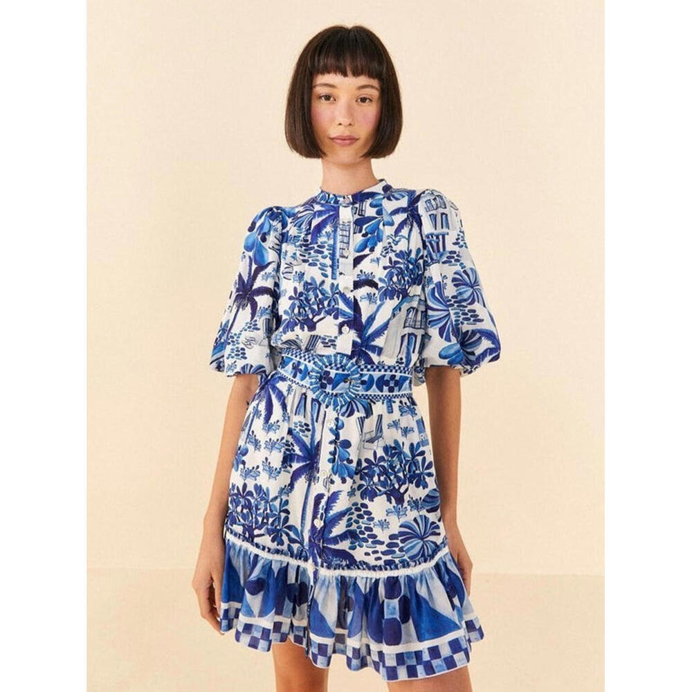 FARM Rio Blue and White Printed Puff-Sleeve Mini Dress